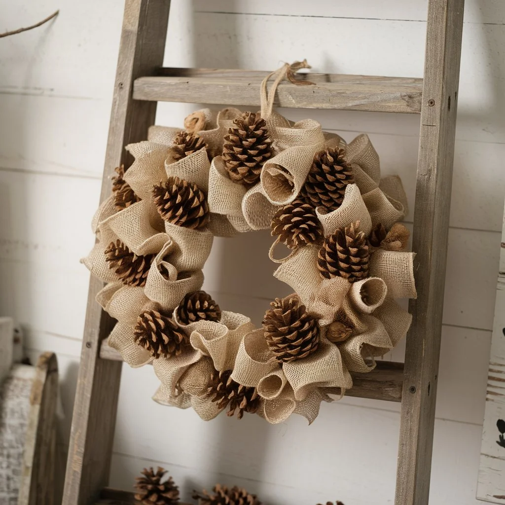 Burlap and Pinecone Mesh Wreath