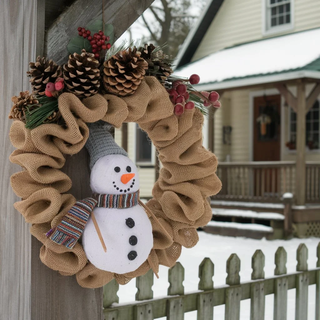 Burlap Wreath with a Snowman Figure