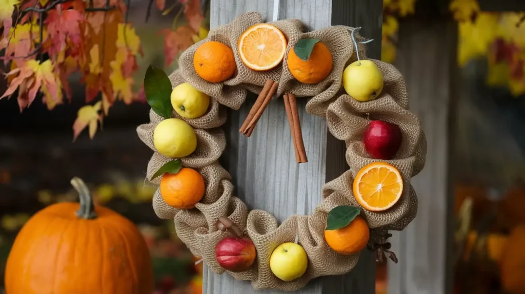 Burlap Wreath with Fruit and Spice Ornaments