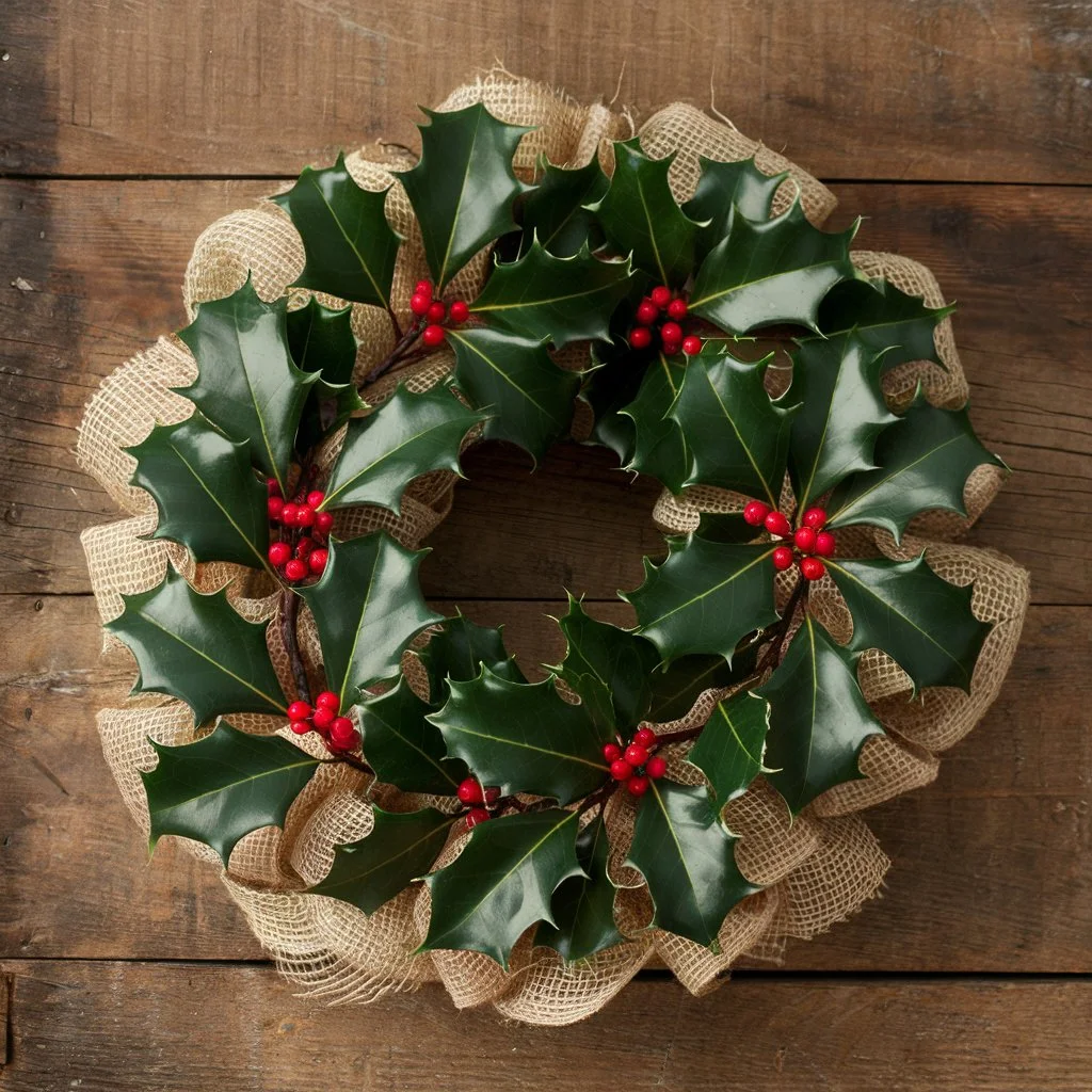 Burlap Wreath with Holly Leaves