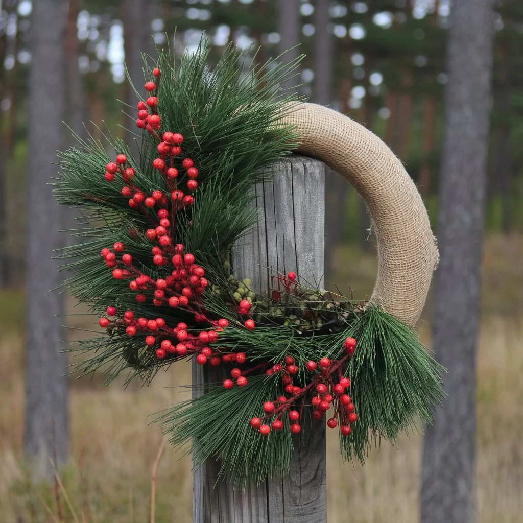 Burlap Wreath with Pine Needles and Red Berries