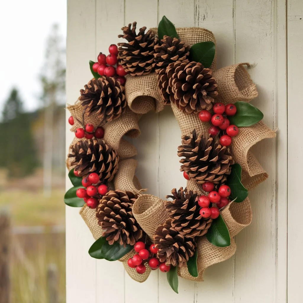 Burlap Wreath with Pinecones and Berries