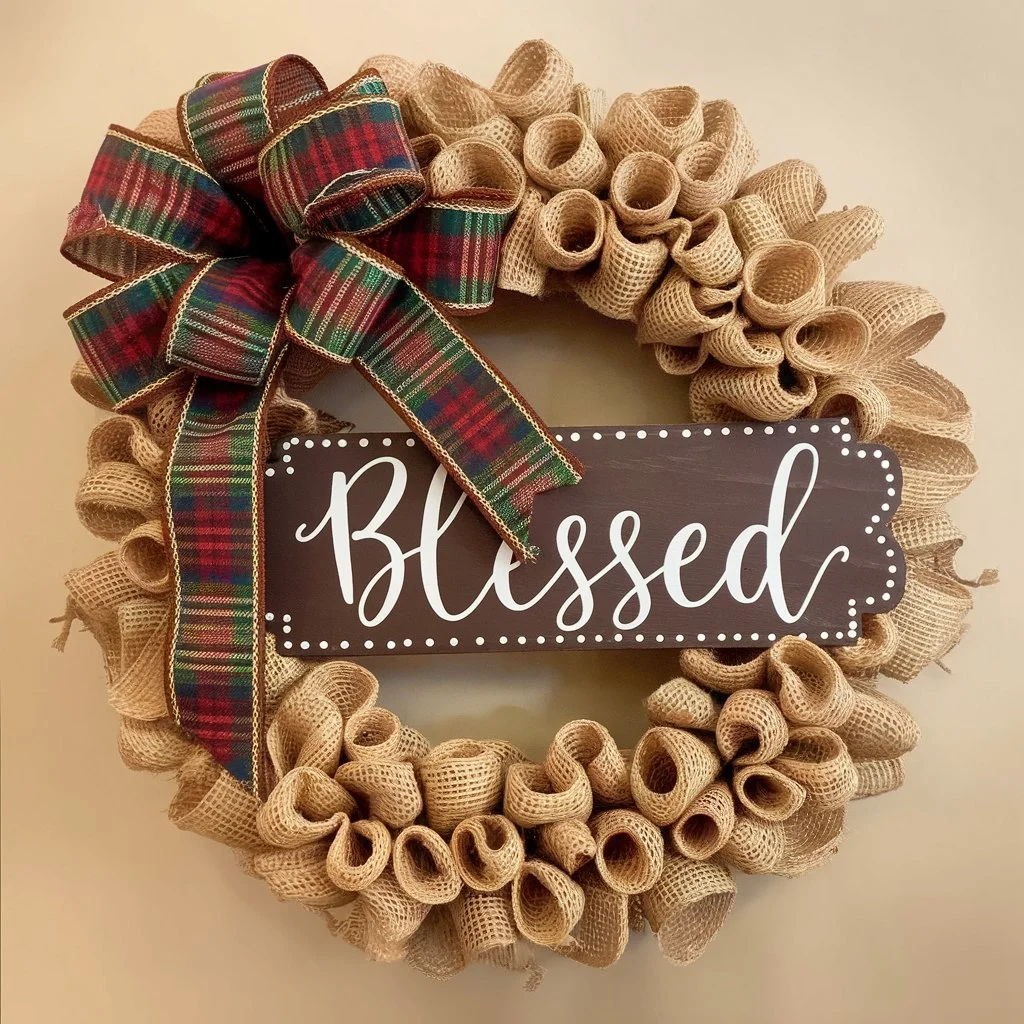 Burlap Wreath with Plaid Ribbon