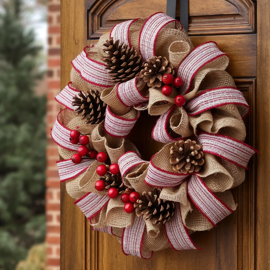 Burlap Wreath with Red and White Stripes