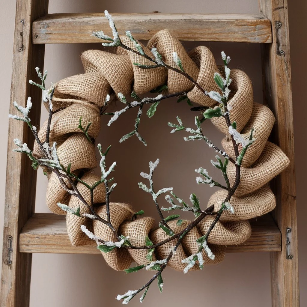 Burlap Wreath with Snow-Tipped Branches