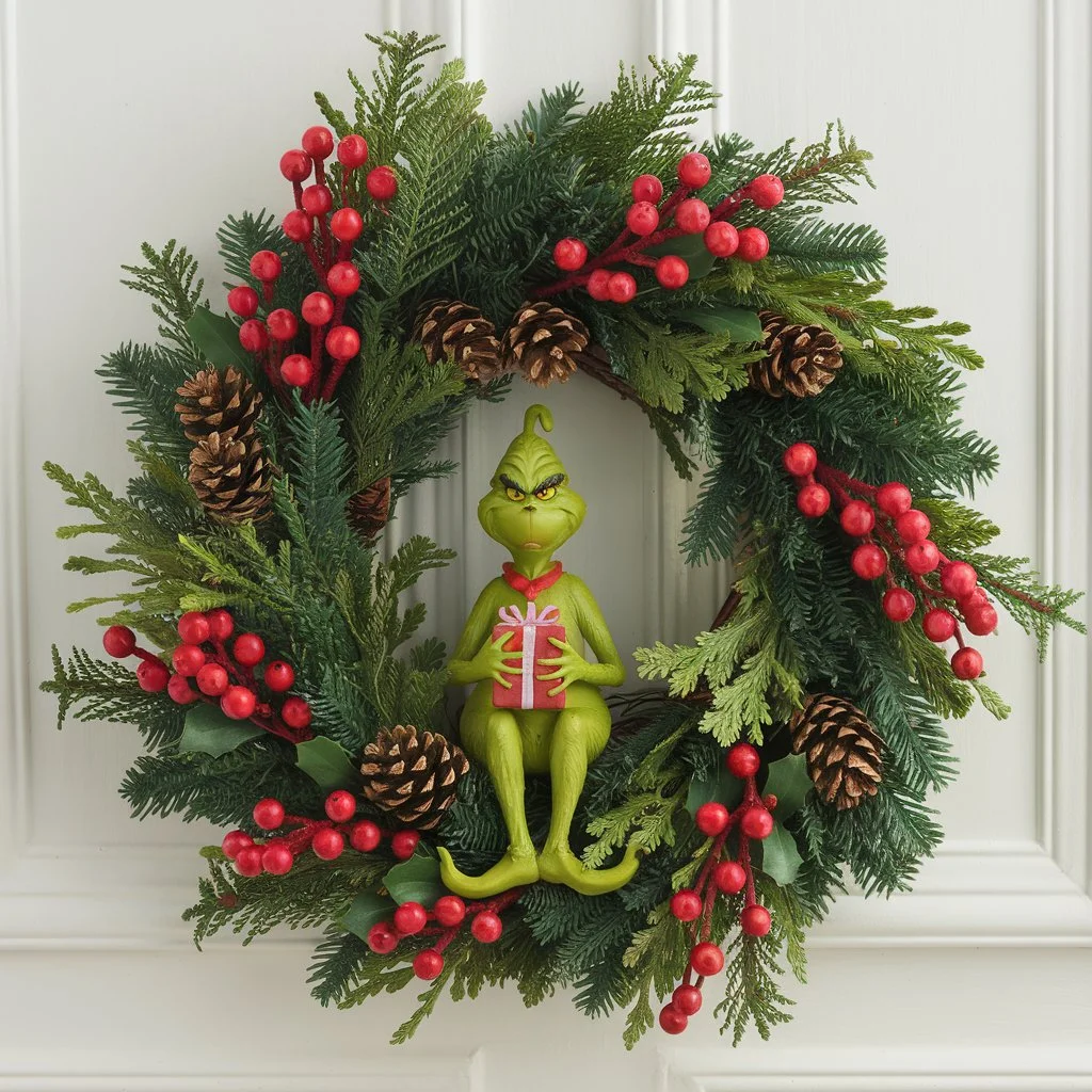 Grinch Wreath with a Grinch Figurine