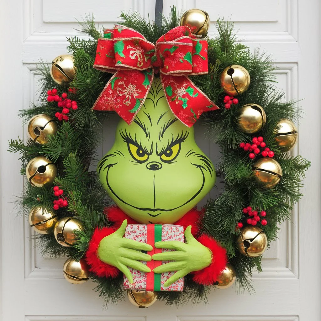 Grinch Wreath with Gold Bells
