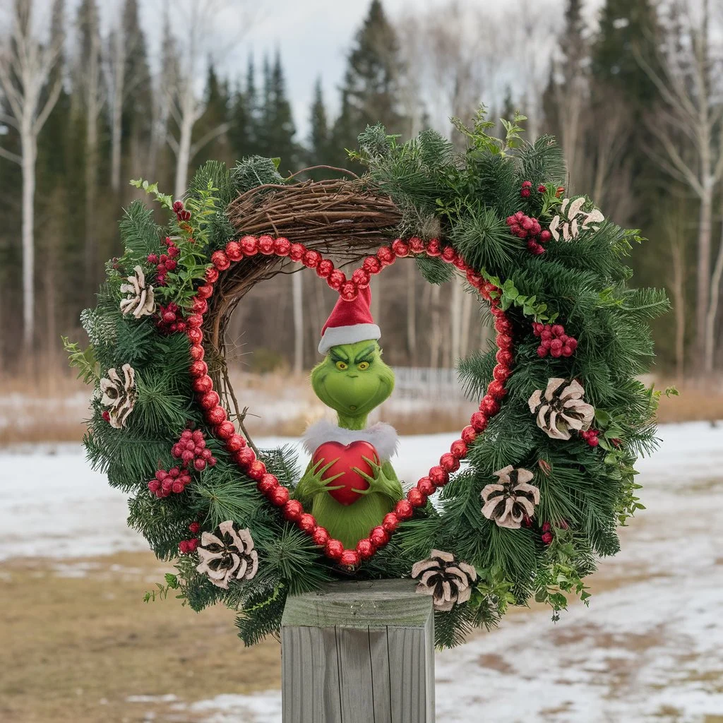 Grinch Wreath with Heart-Shaped Ornament