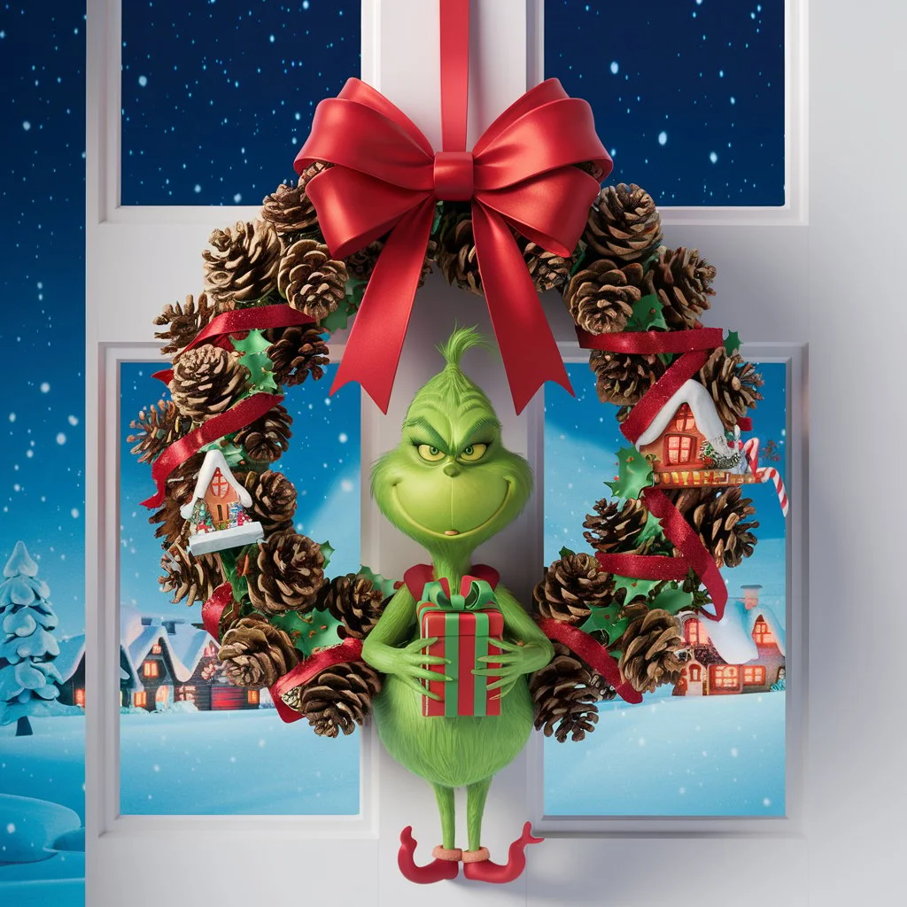Grinch Wreath with Red Ribbon and Whoville Accents