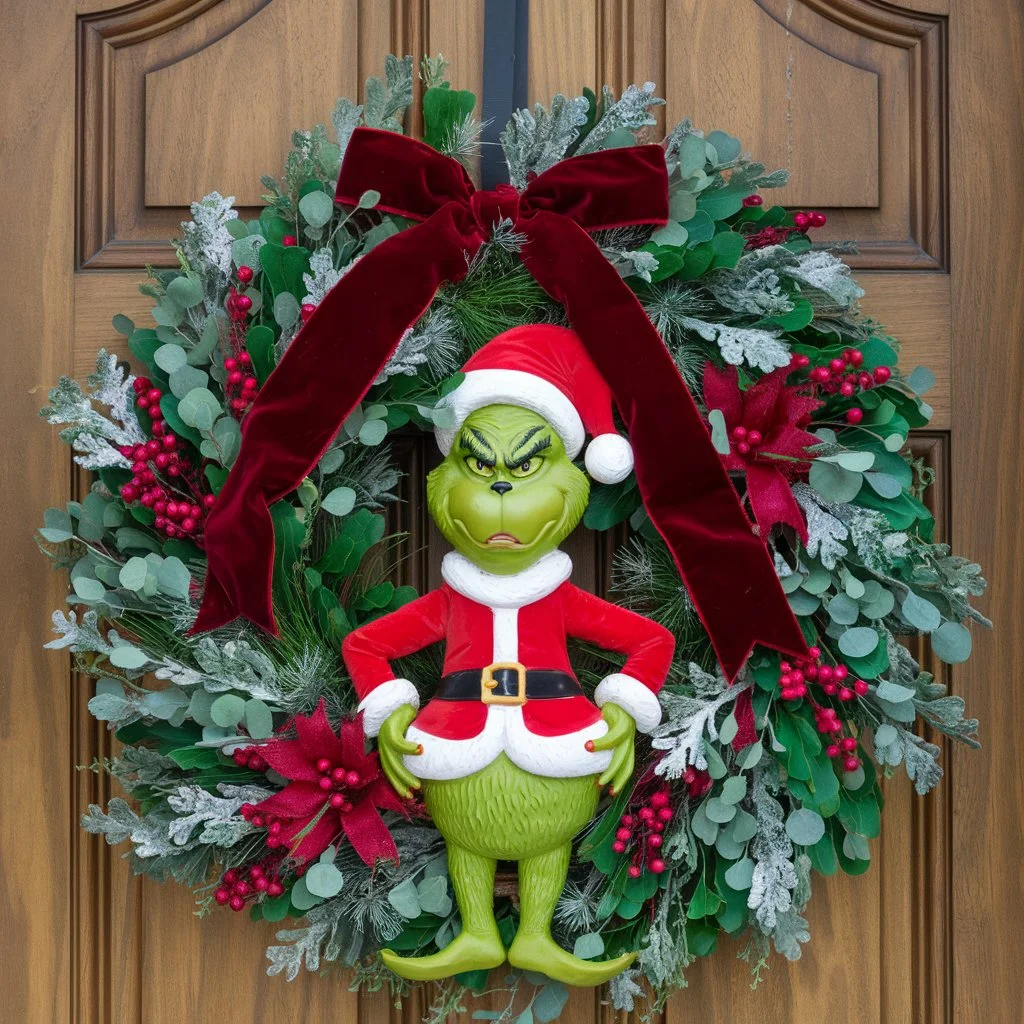 Grinch Wreath with Red Velvet Ribbon