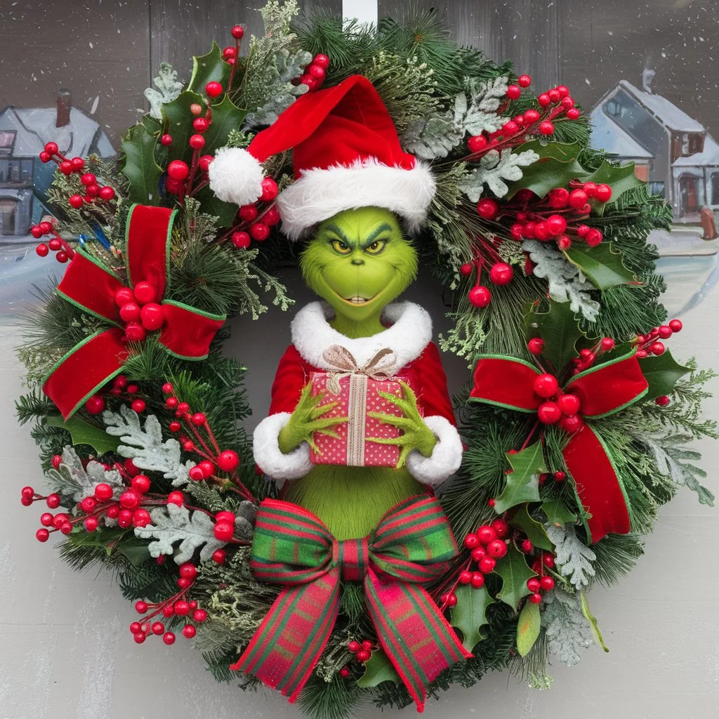 Grinch Wreath with Santa Hat