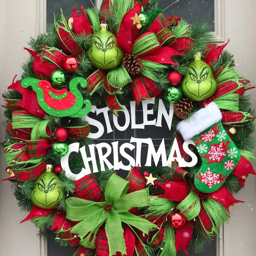 Grinch Wreath with “Stolen Christmas” Elements