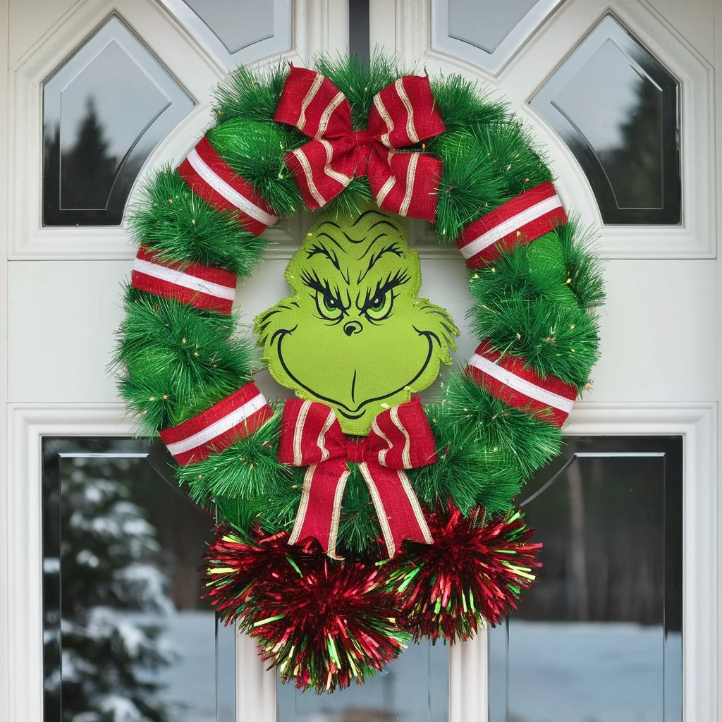 Grinch Wreath with Tinsel Pom-Poms