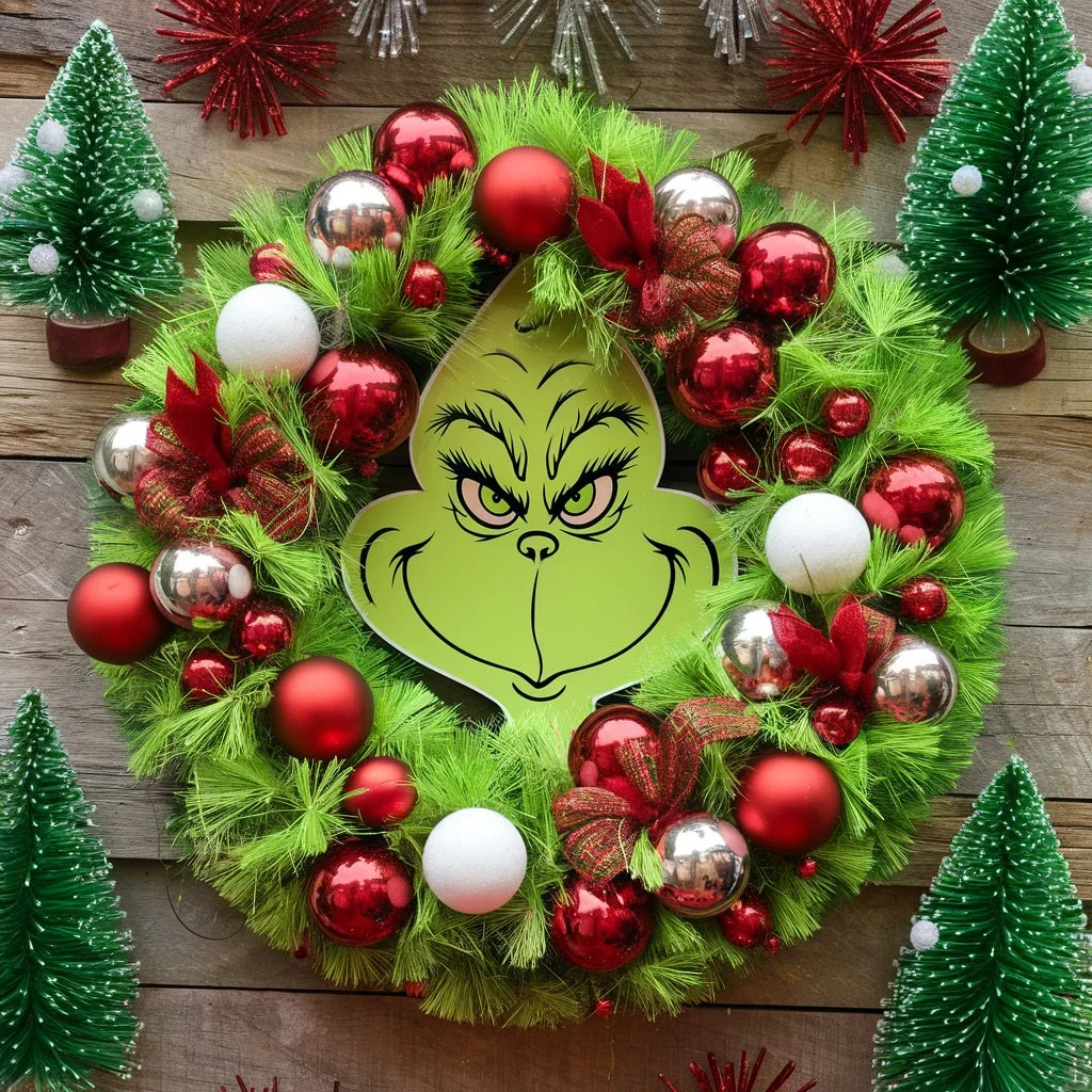 Grinch Wreath with Whoville Trees