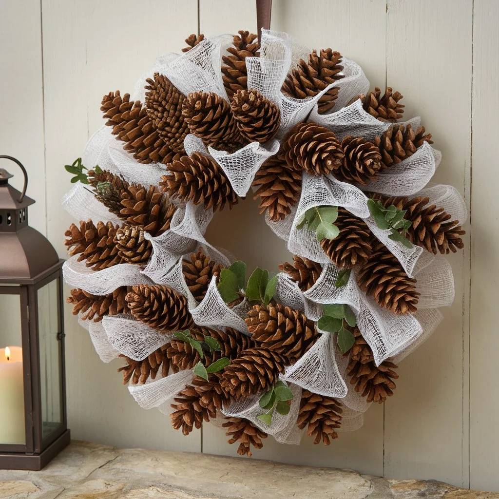 Pinecone and Snow Mesh Wreath